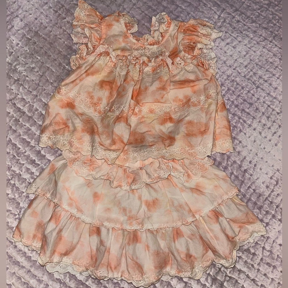 Mini Boden Peach and Cream Ruffled skirt and top set 4-5